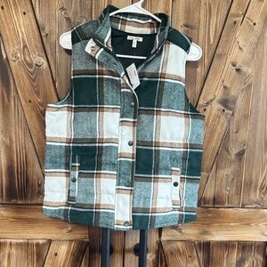 Maurices Dark Green Cream Brown Plaid Quilted Vest